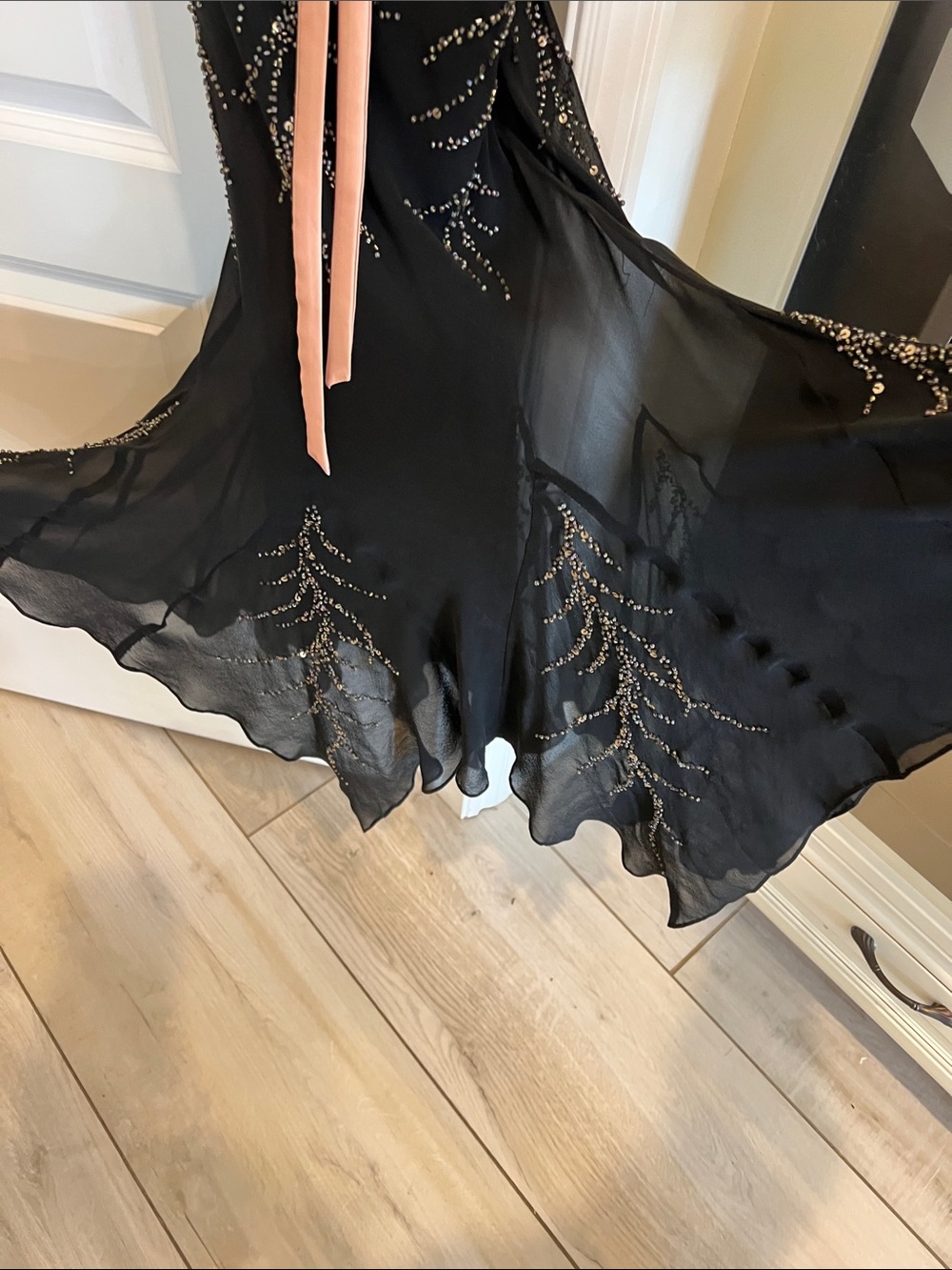 Sue Wong Black Gown with Pink Ribbon and Beaded Bodice - Picture 2 of 5